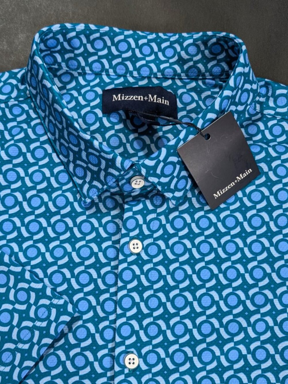 $118 Mizzen+Main Dress Shirt Men Size L Classic Fit Teal Kaleidoscope SS Halyard